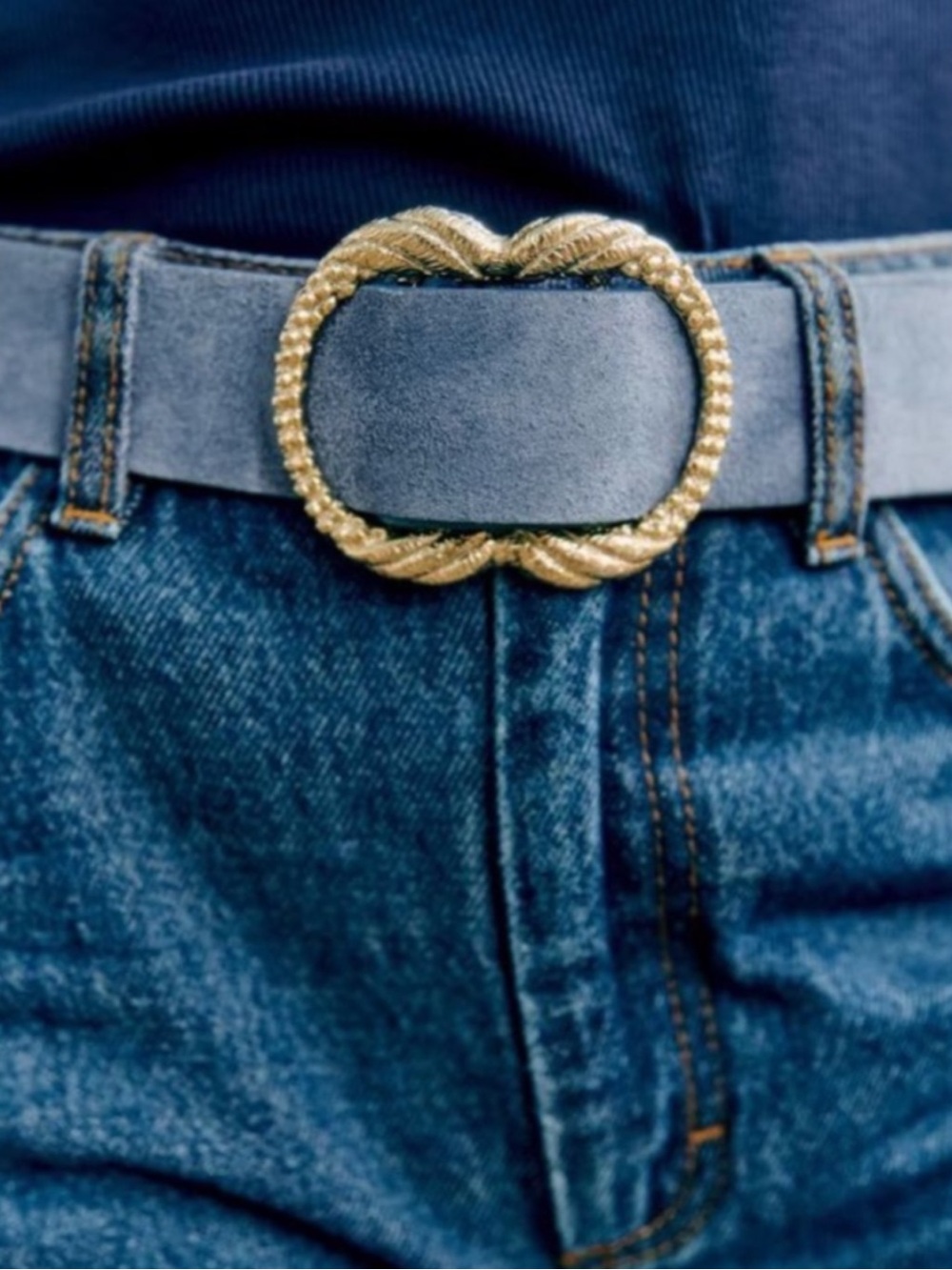 SEZANE Classic Blue Suede Leather Artemis Belt w/ Engraved Gold Brass Buckle - Picture 10 of 14